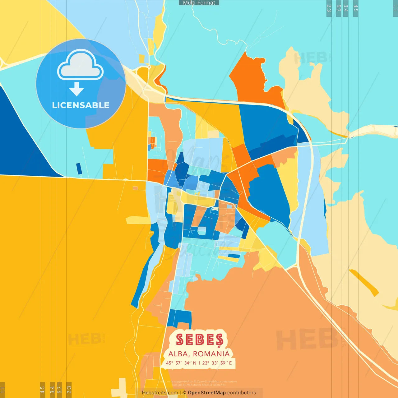 Sebeș, Alba, Romania blue and orange vector art map template