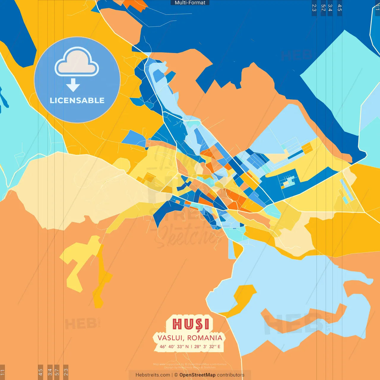 Huși, Vaslui, Romania blue and orange vector art map template