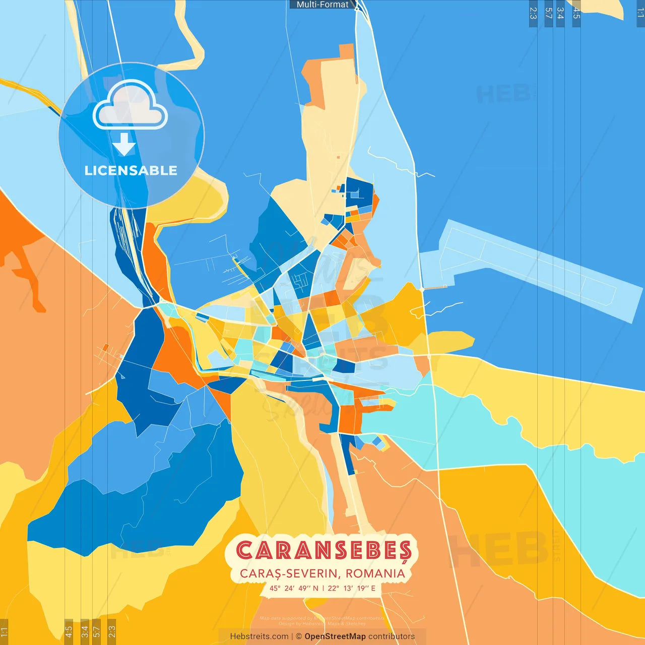 Caransebeș, Caraș-Severin, Romania blue and orange vector art map template