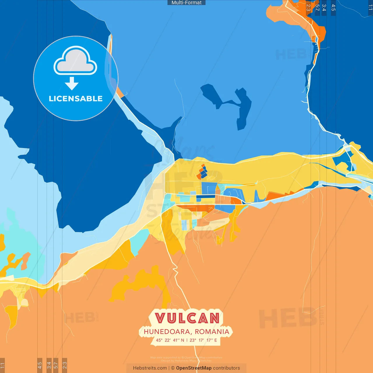 Vulcan, Hunedoara, Romania blue and orange vector art map template