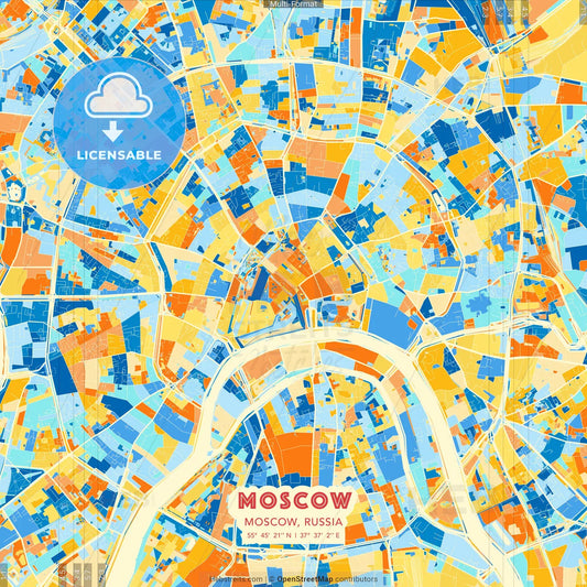 Moscow, Moscow, Russia blue and orange vector art map template