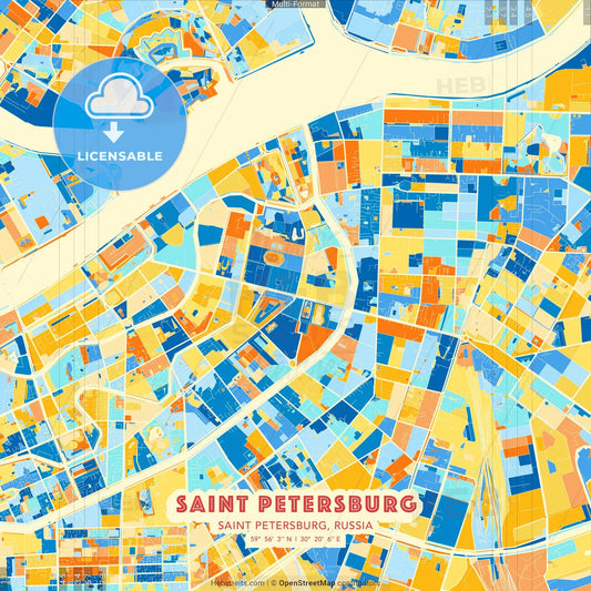 Saint Petersburg, Saint Petersburg, Russia blue and orange vector art map template