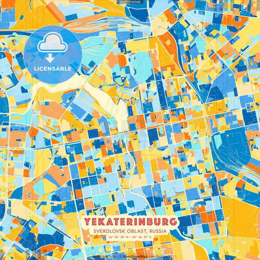 Yekaterinburg, Sverdlovsk Oblast, Russia blue and orange vector art map template