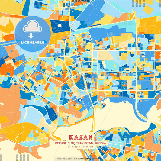 Kazan, Republic of Tatarstan, Russia blue and orange vector art map template
