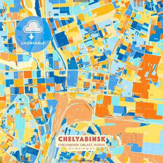 Chelyabinsk, Chelyabinsk Oblast, Russia blue and orange vector art map template