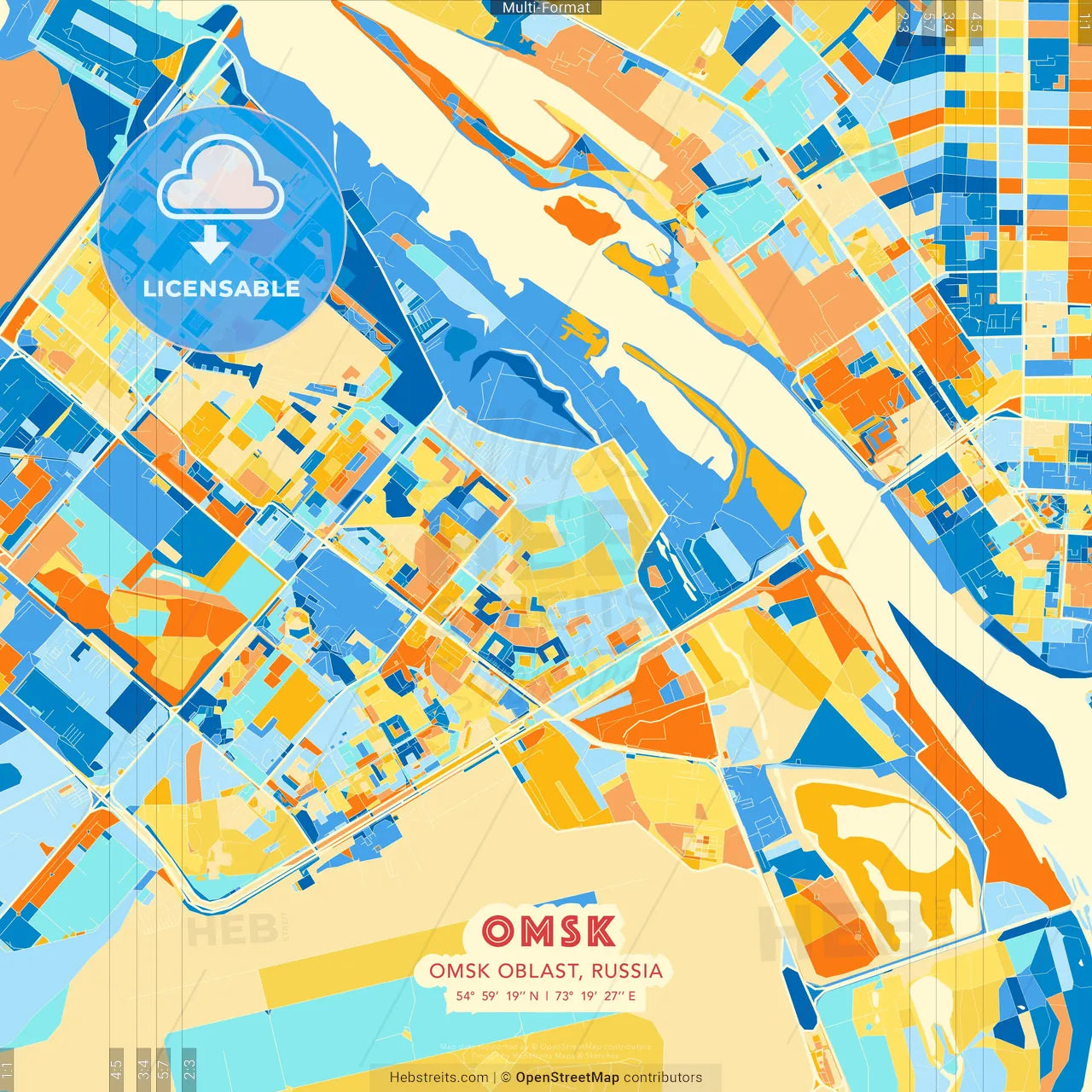 Omsk, Omsk Oblast, Russia blue and orange vector art map template