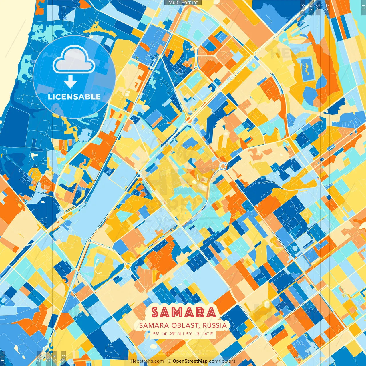 Samara, Samara Oblast, Russia blue and orange vector art map template