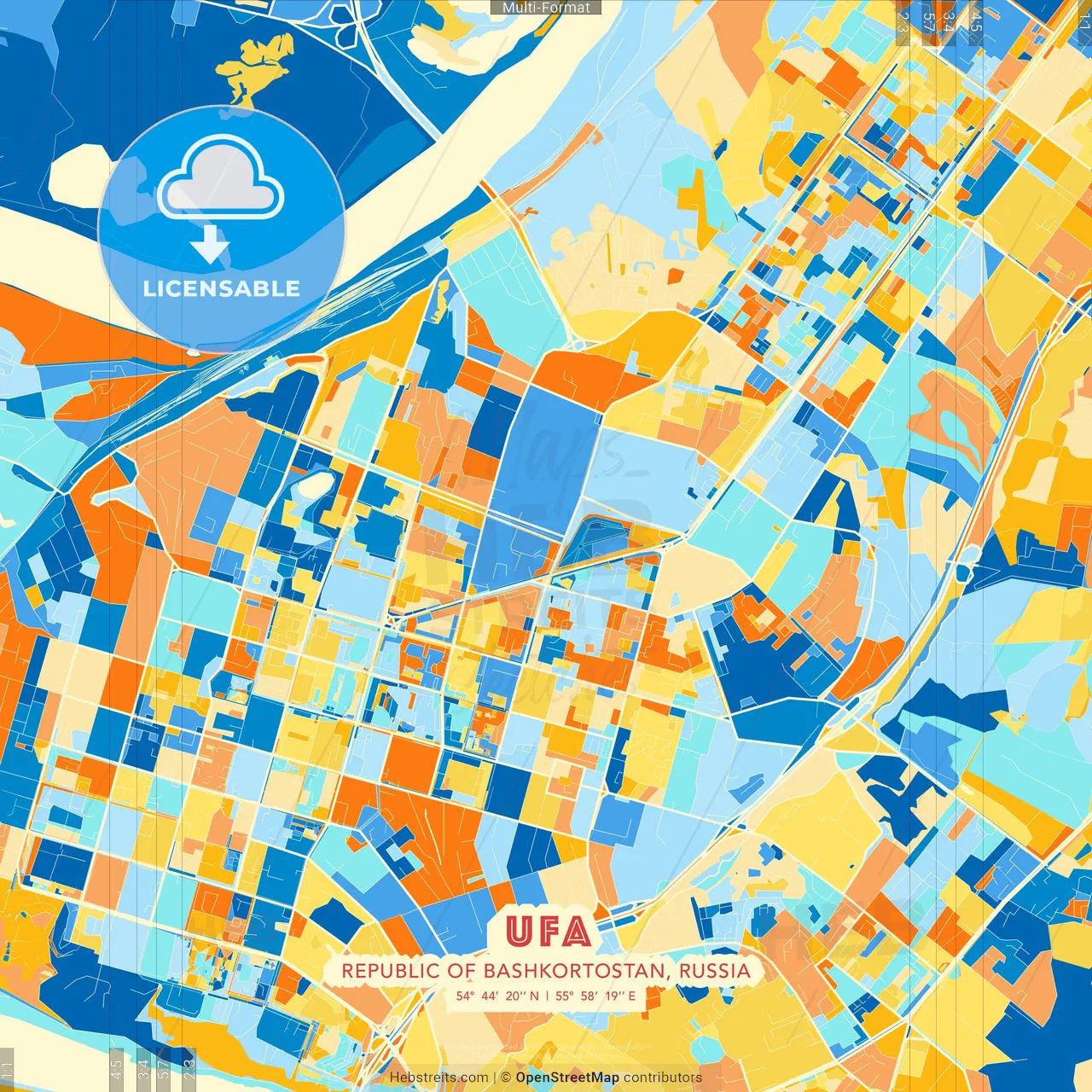 Ufa, Republic of Bashkortostan, Russia blue and orange vector art map template