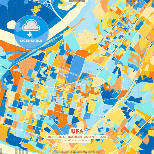Ufa, Republic of Bashkortostan, Russia blue and orange vector art map template