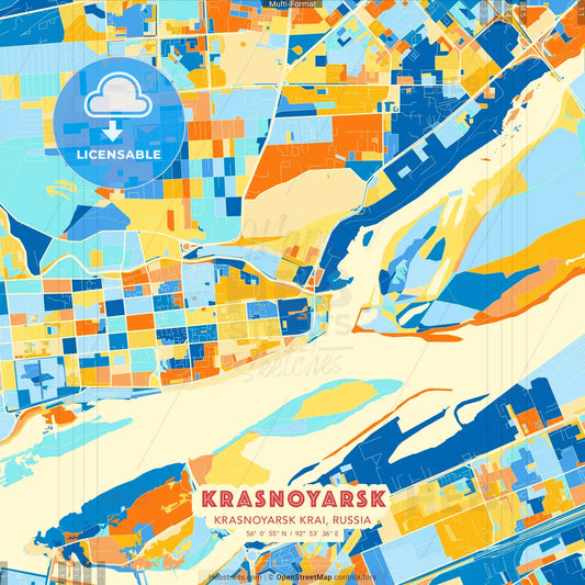 Krasnoyarsk, Krasnoyarsk Krai, Russia blue and orange vector art map template