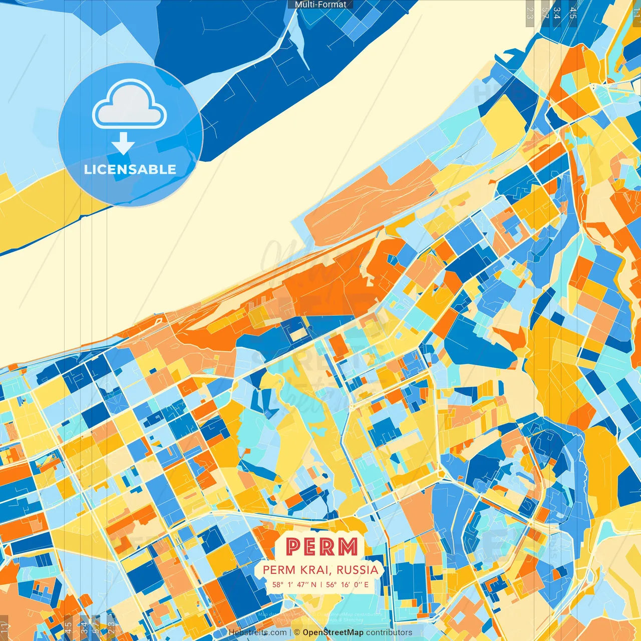 Perm, Perm Krai, Russia blue and orange vector art map template