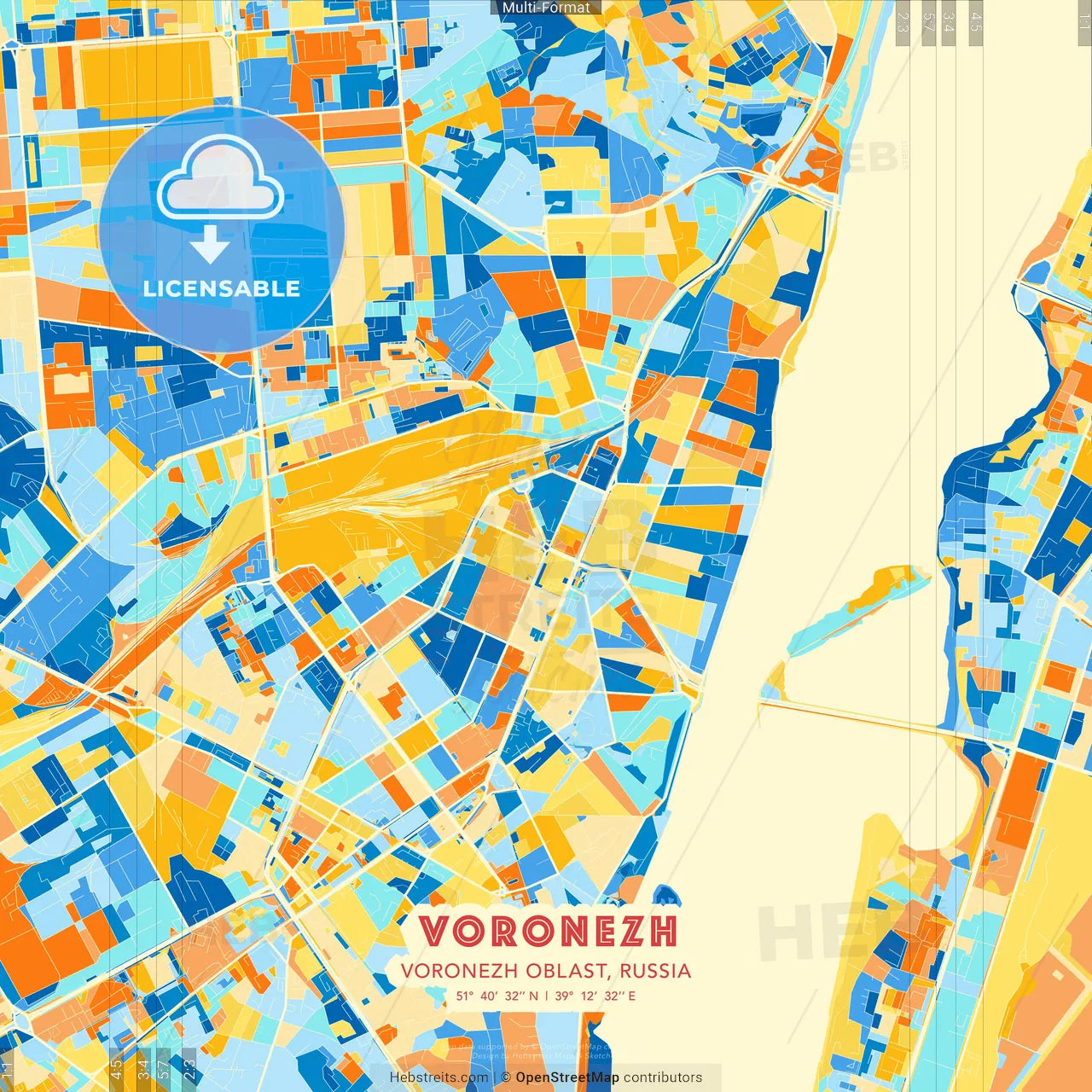 Voronezh, Voronezh Oblast, Russia blue and orange vector art map template