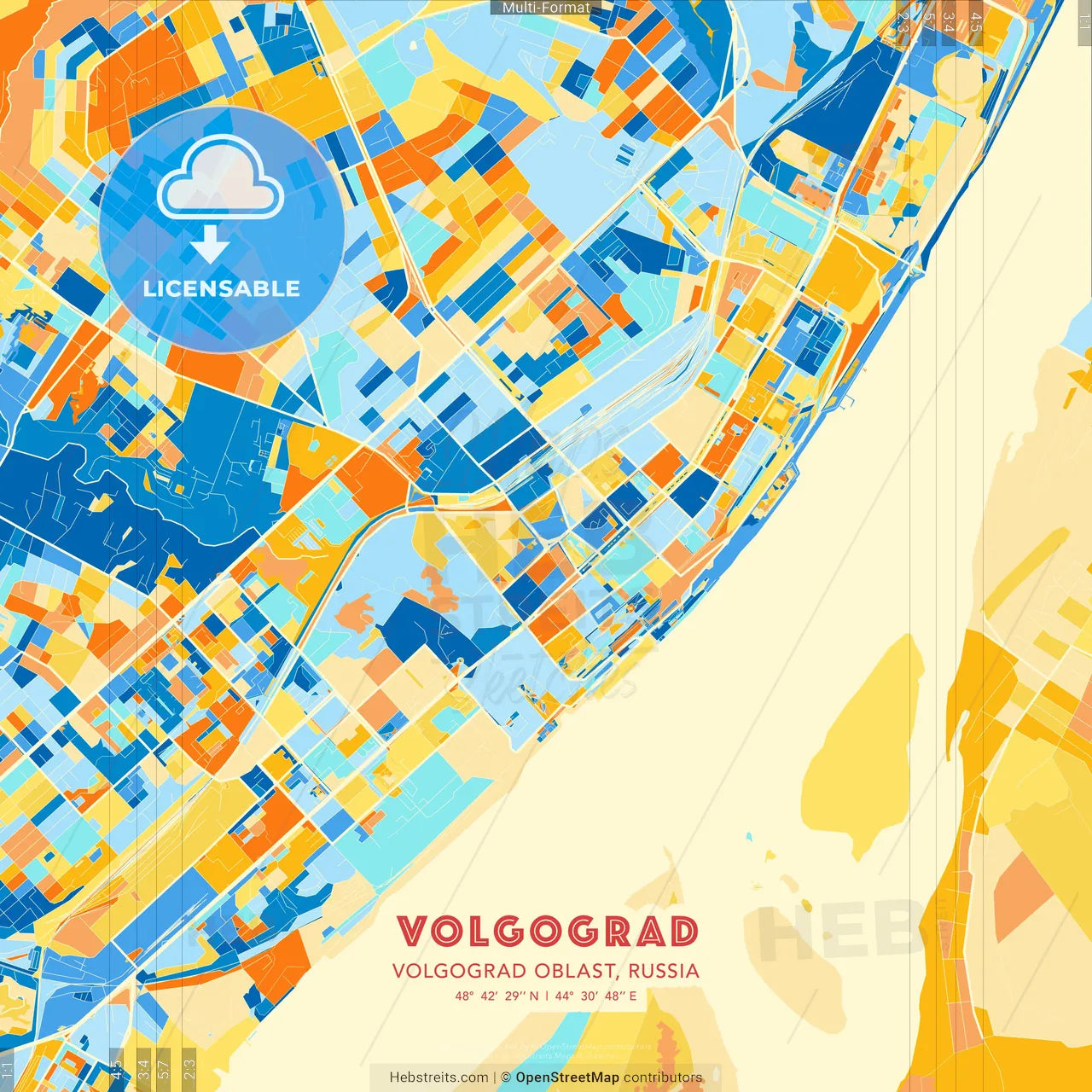 Volgograd, Volgograd Oblast, Russia blue and orange vector art map template