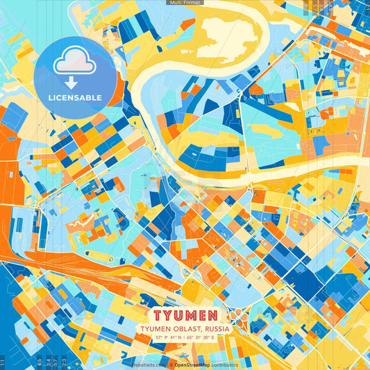 Tyumen, Tyumen Oblast, Russia blue and orange vector art map template