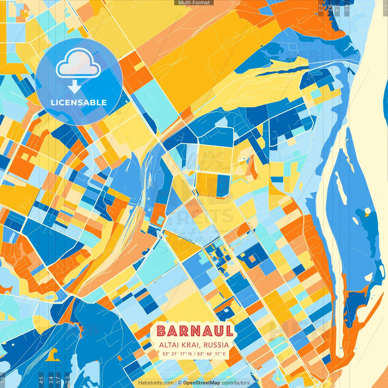 Barnaul, Altai Krai, Russia blue and orange vector art map template