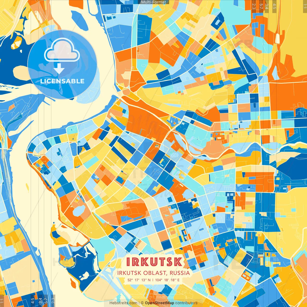 Irkutsk, Irkutsk Oblast, Russia blue and orange vector art map template