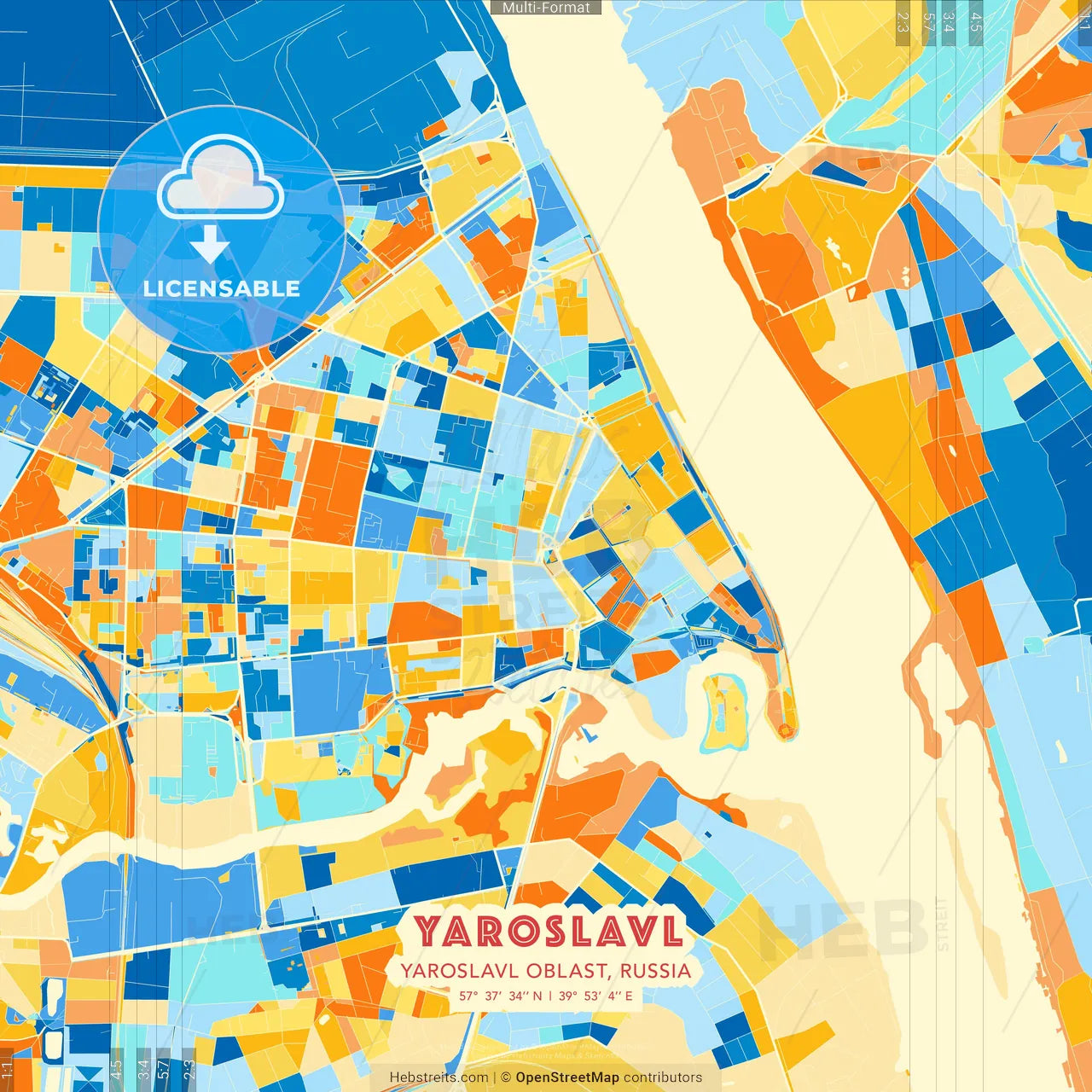 Yaroslavl, Yaroslavl Oblast, Russia blue and orange vector art map template