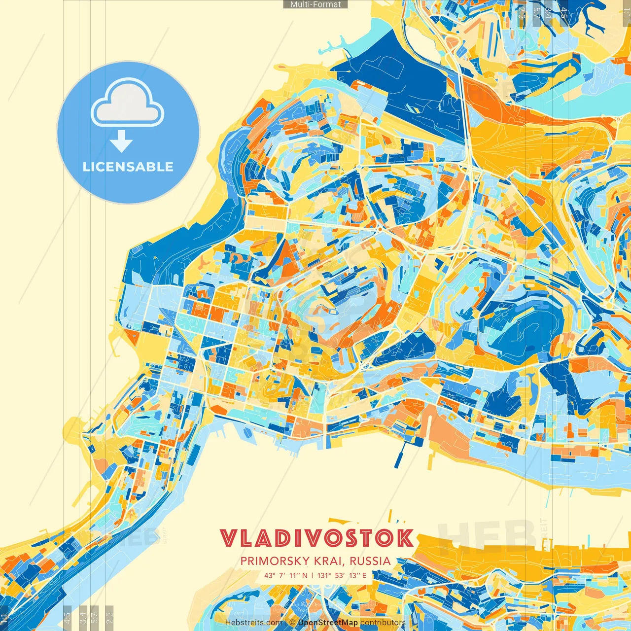 Vladivostok, Primorsky Krai, Russia blue and orange vector art map template