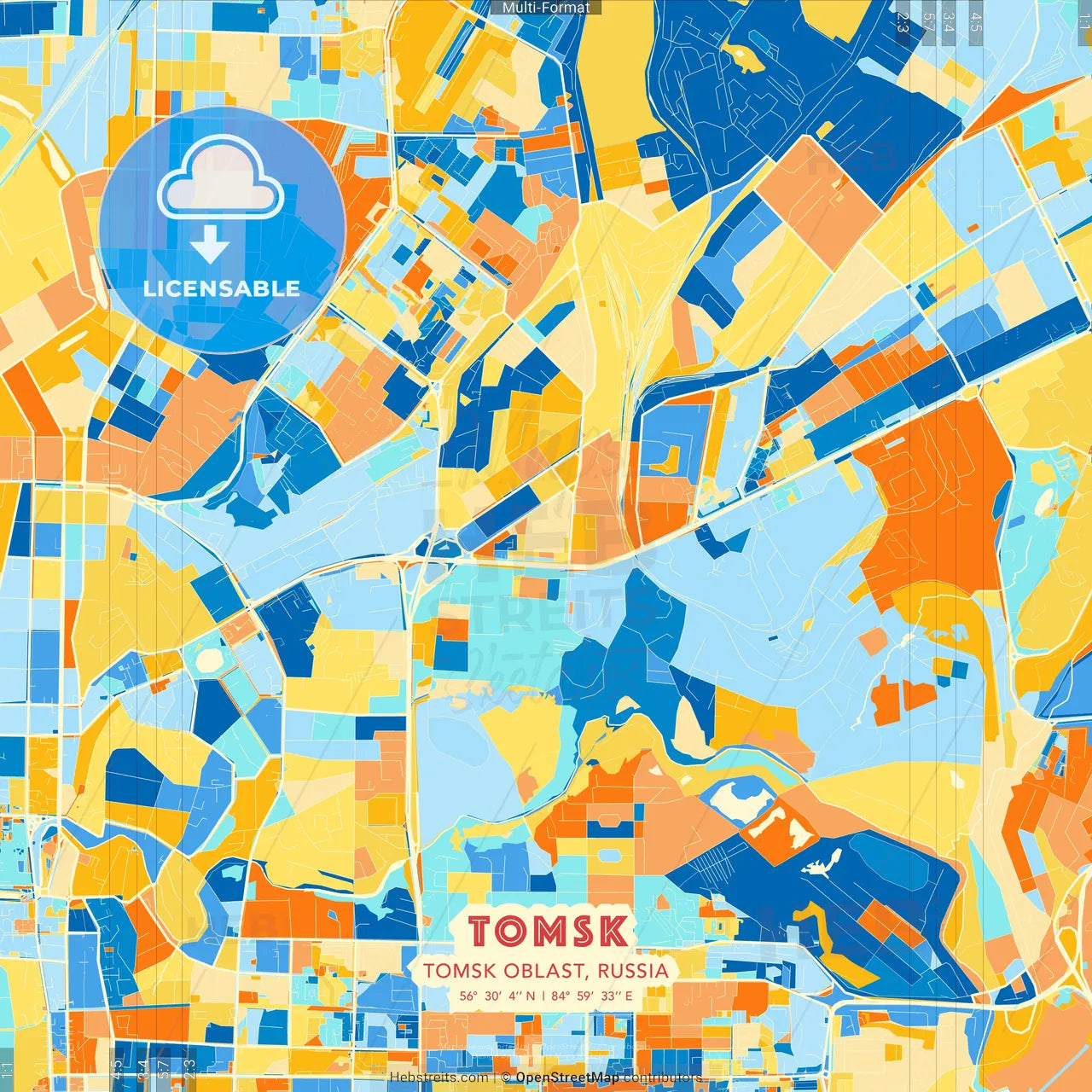 Tomsk, Tomsk Oblast, Russia blue and orange vector art map template