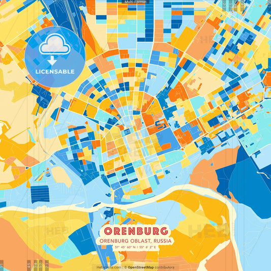 Orenburg, Orenburg Oblast, Russia blue and orange vector art map template