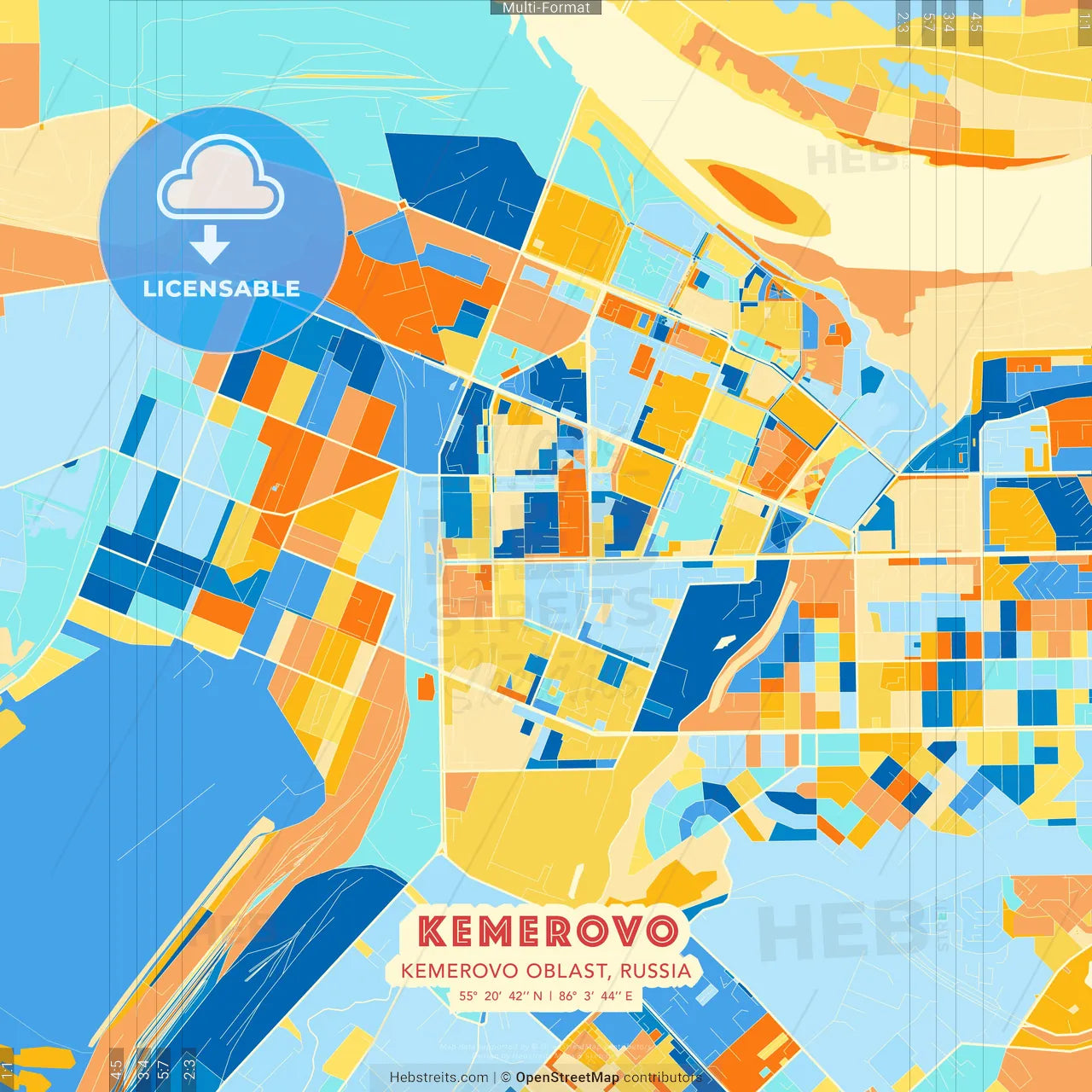 Kemerovo, Kemerovo Oblast, Russia blue and orange vector art map template