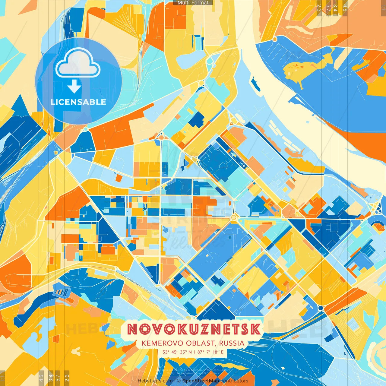 Novokuznetsk, Kemerovo Oblast, Russia blue and orange vector art map template