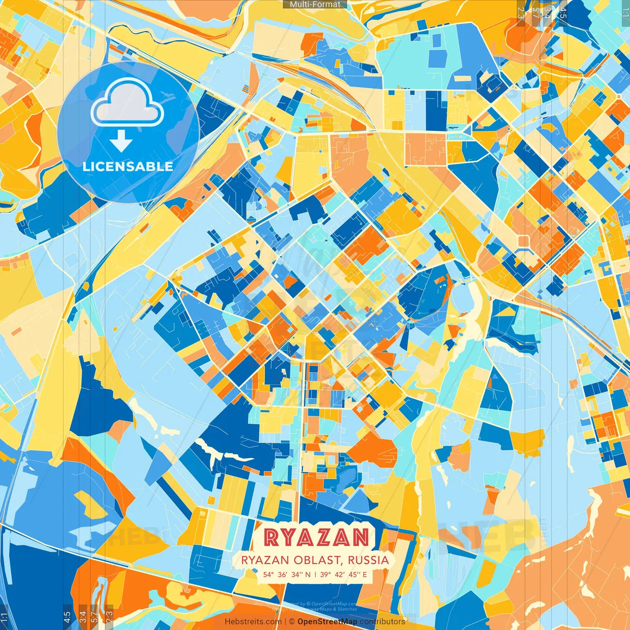 Ryazan, Ryazan Oblast, Russia blue and orange vector art map template