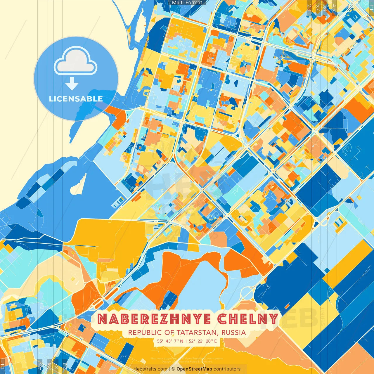 Naberezhnye Chelny, Republic of Tatarstan, Russia blue and orange vector art map template