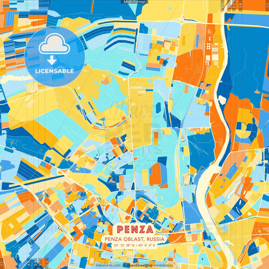 Penza, Penza Oblast, Russia blue and orange vector art map template