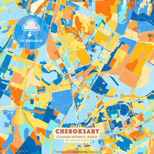 Cheboksary, Chuvash Republic, Russia blue and orange vector art map template