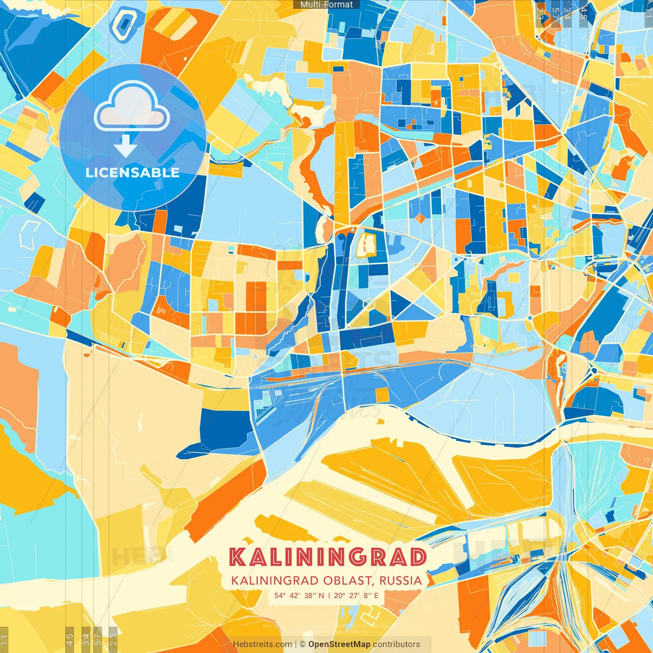 Kaliningrad, Kaliningrad Oblast, Russia blue and orange vector art map template