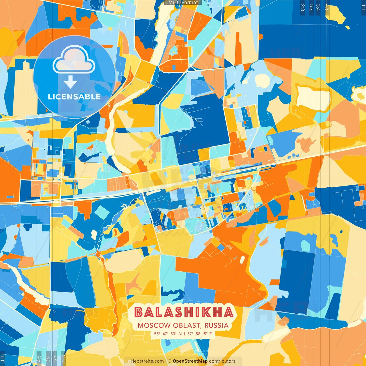 Balashikha, Moscow Oblast, Russia blue and orange vector art map template