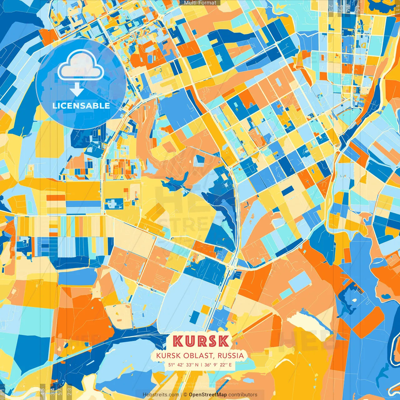 Kursk, Kursk Oblast, Russia blue and orange vector art map template