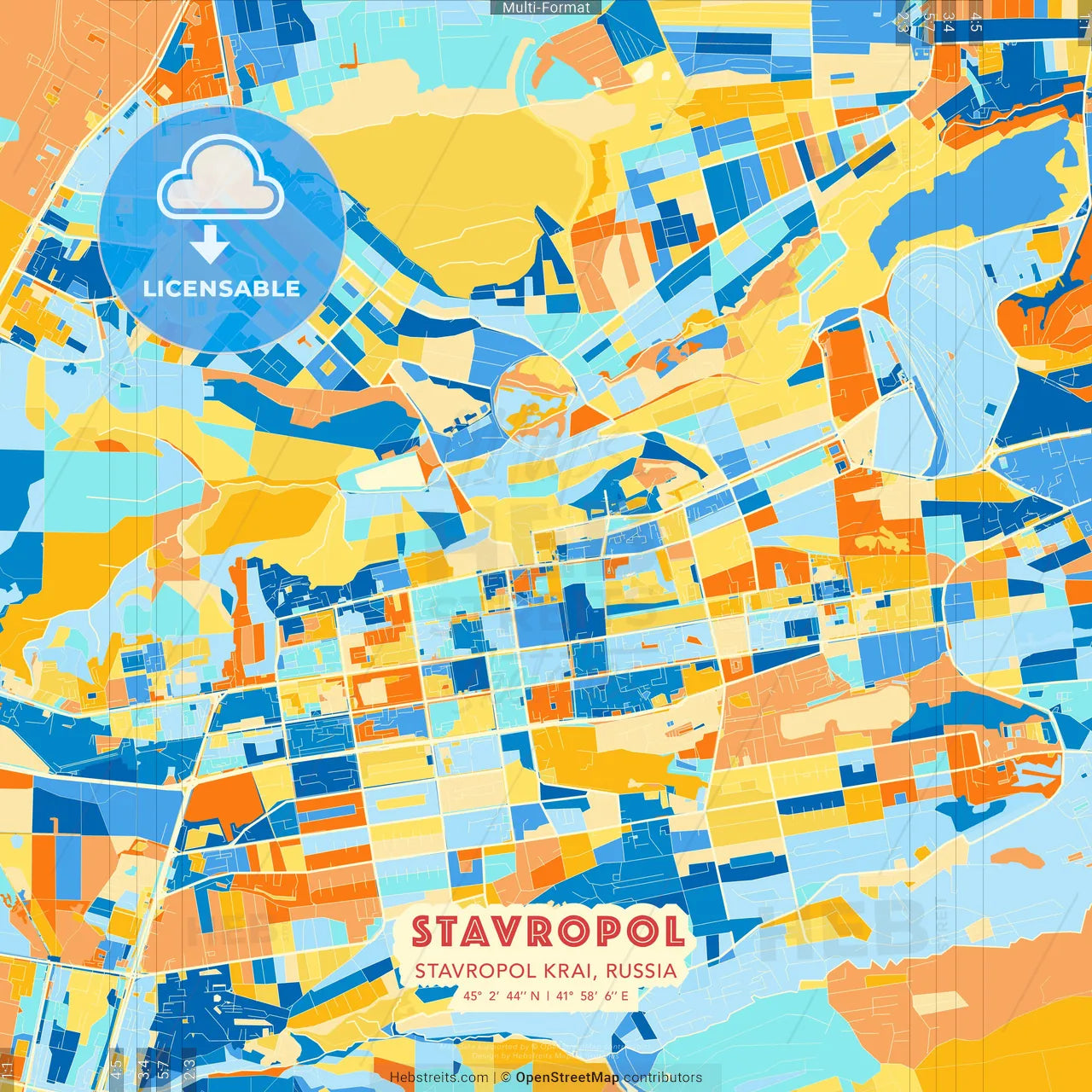 Stavropol, Stavropol Krai, Russia blue and orange vector art map template