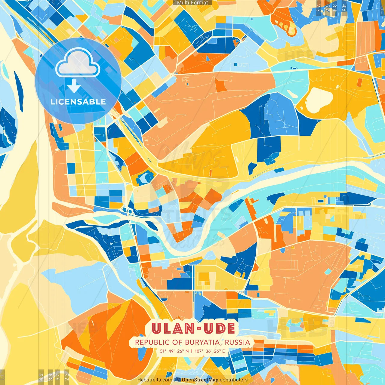 Ulan-Ude, Republic of Buryatia, Russia blue and orange vector art map template
