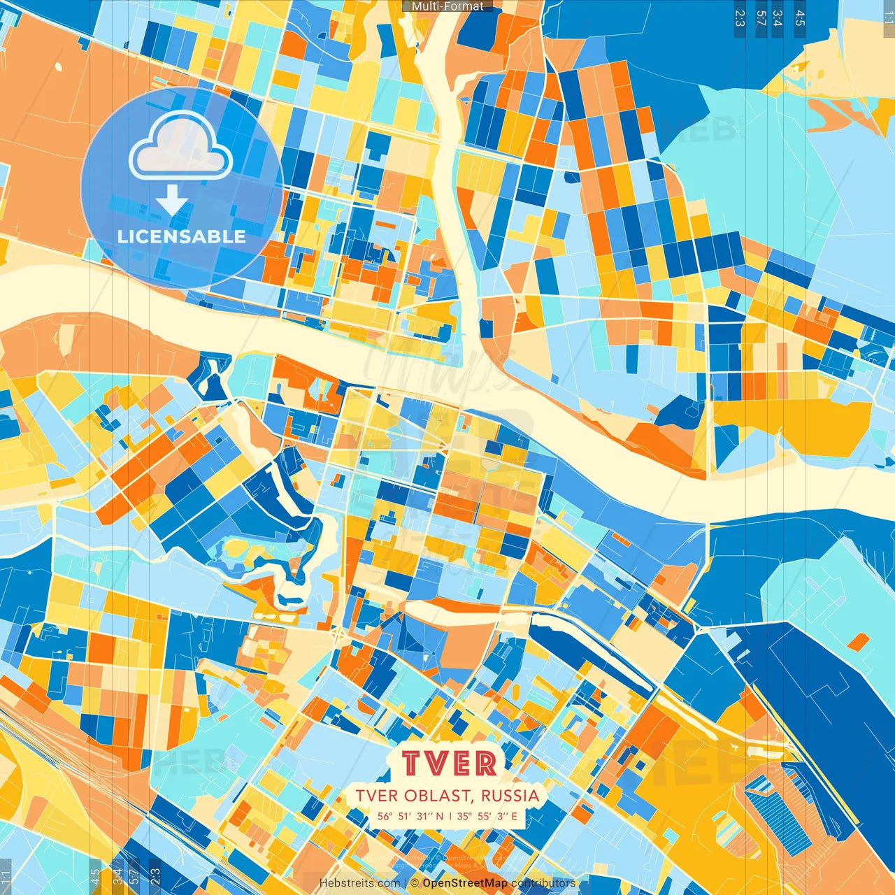 Tver, Tver Oblast, Russia blue and orange vector art map template