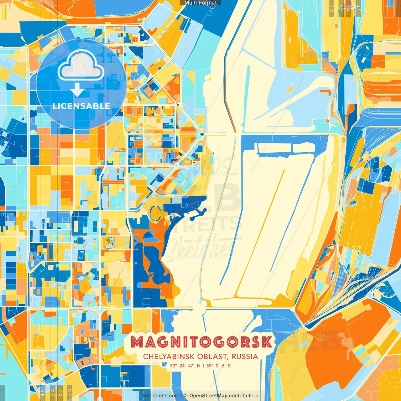 Magnitogorsk, Chelyabinsk Oblast, Russia blue and orange vector art map template