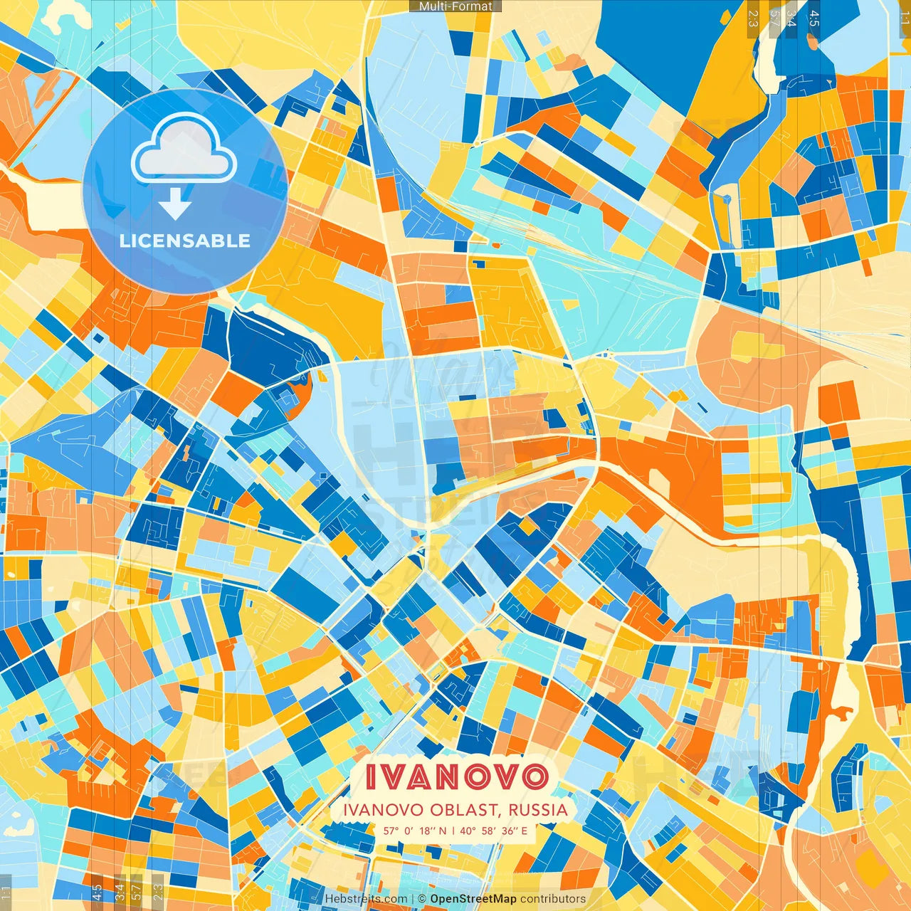 Ivanovo, Ivanovo Oblast, Russia blue and orange vector art map template