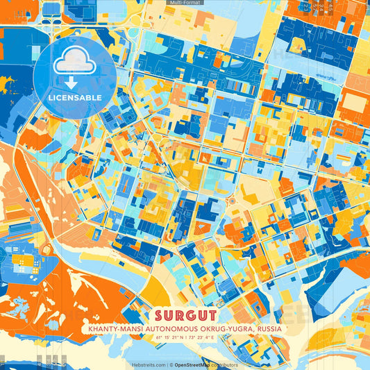 Surgut, Khanty-Mansi Autonomous Okrug-Yugra, Russia blue and orange vector art map template