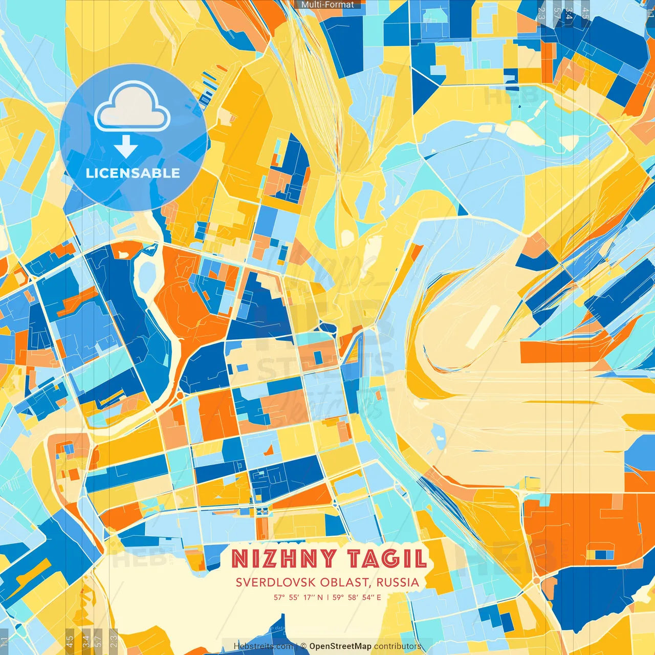 Nizhny Tagil, Sverdlovsk Oblast, Russia blue and orange vector art map template