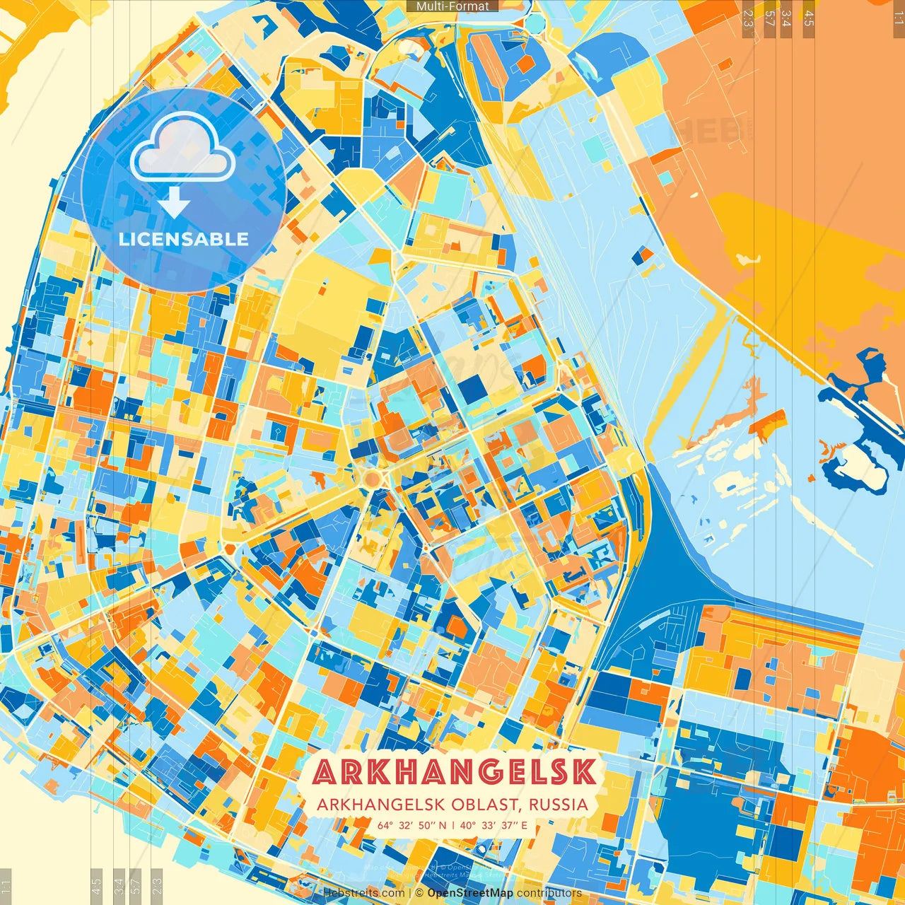Arkhangelsk, Arkhangelsk Oblast, Russia blue and orange vector art map template