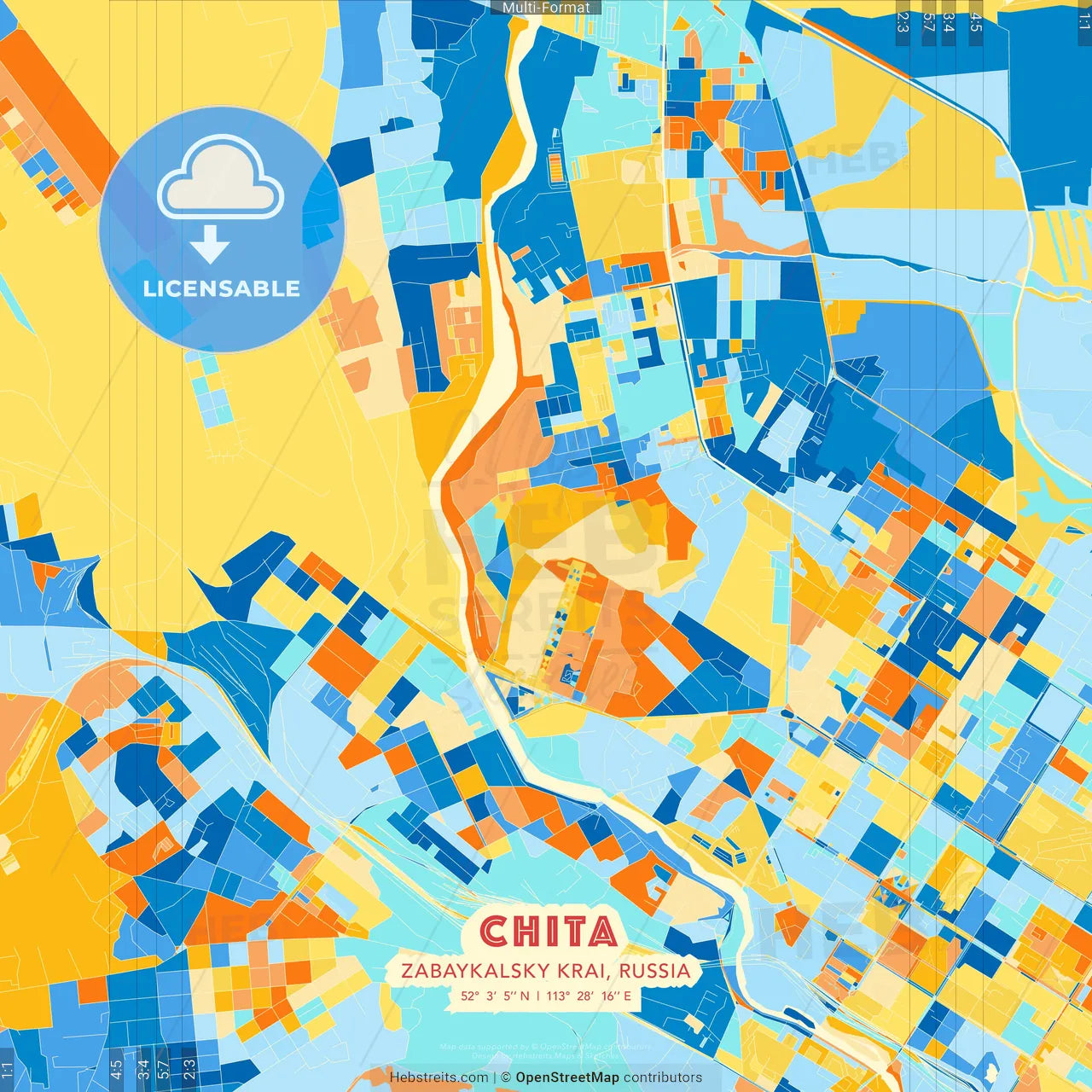 Chita, Zabaykalsky Krai, Russia blue and orange vector art map template