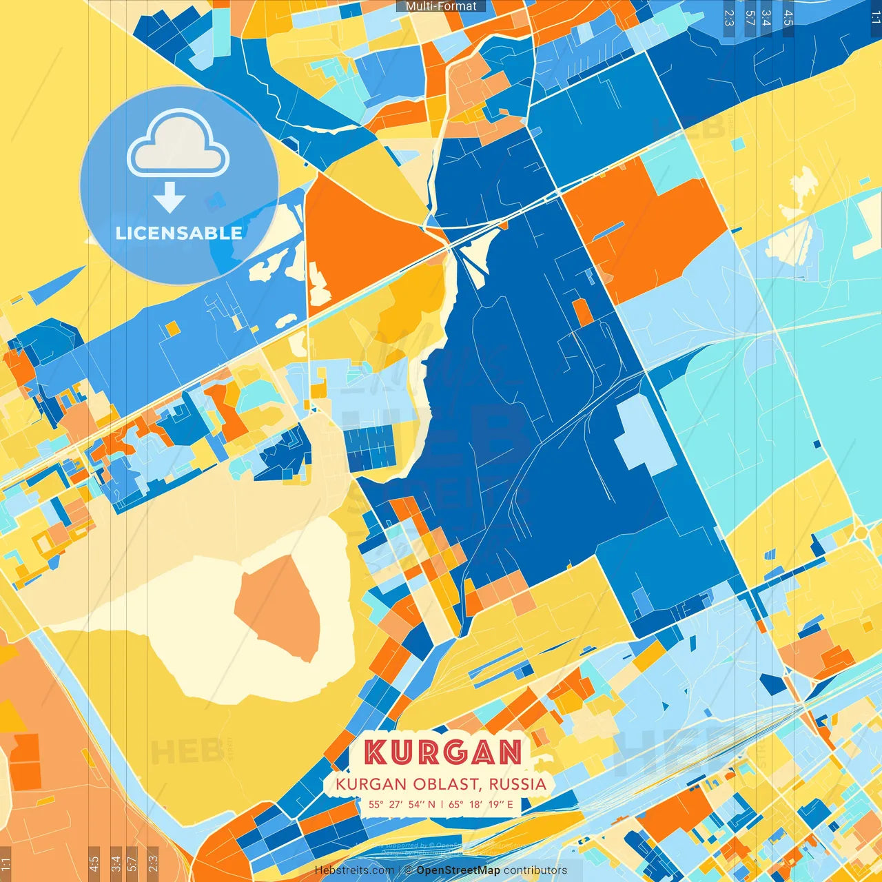 Kurgan, Kurgan Oblast, Russia blue and orange vector art map template