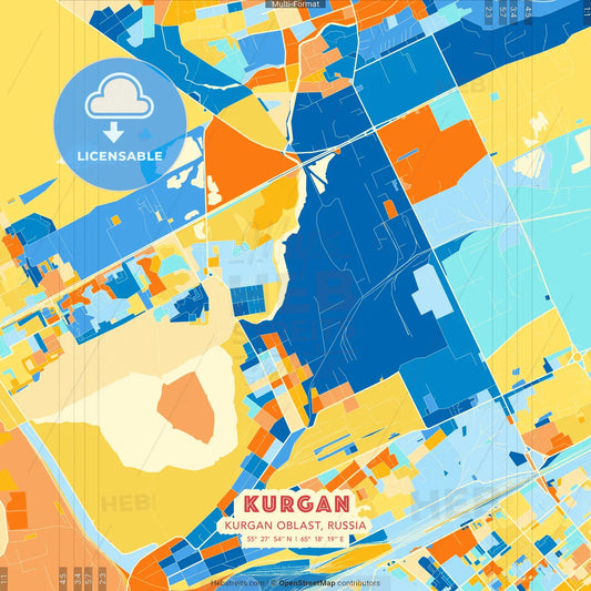 Kurgan, Kurgan Oblast, Russia blue and orange vector art map template