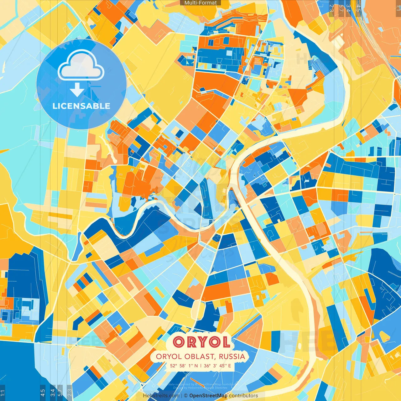 Oryol, Oryol Oblast, Russia blue and orange vector art map template