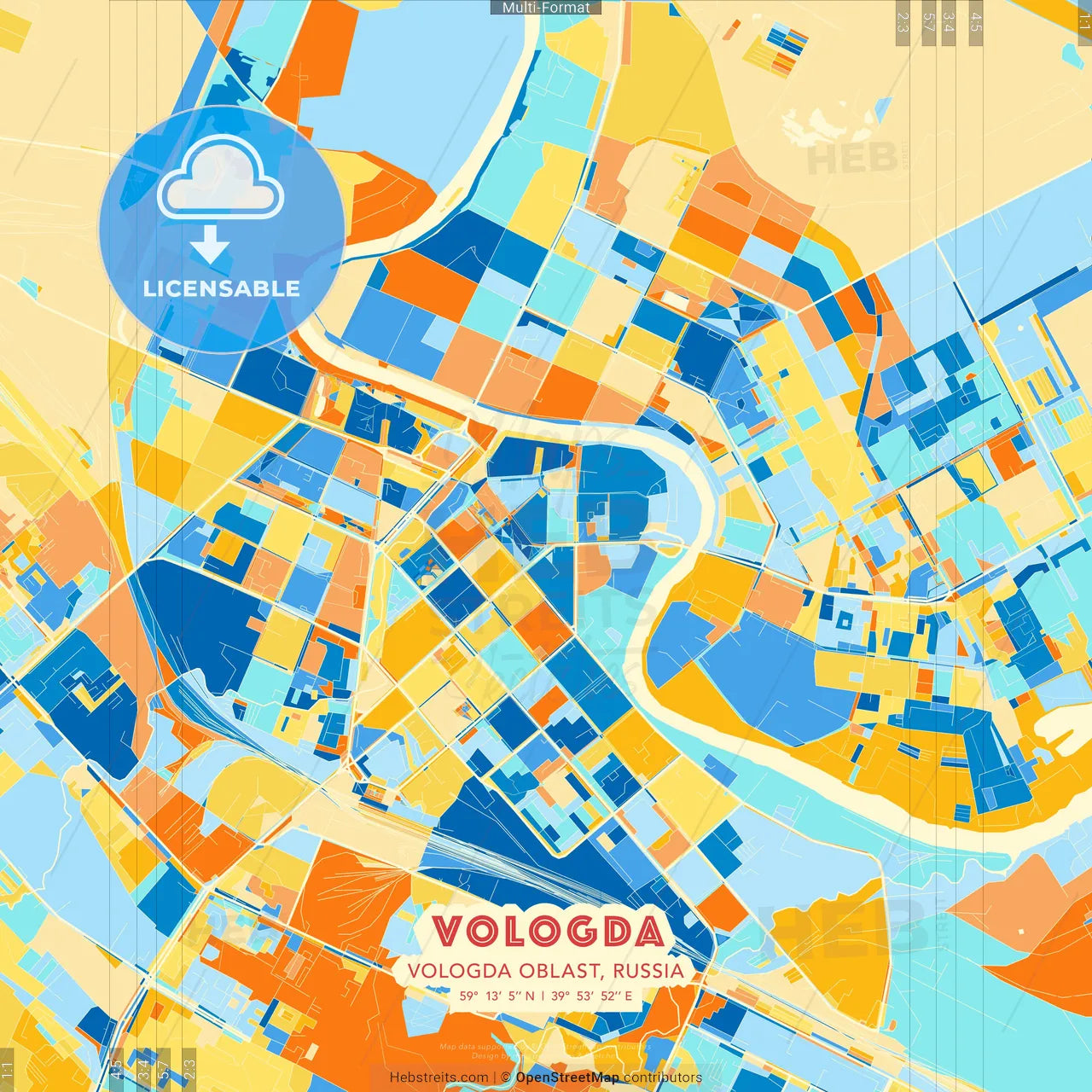 Vologda, Vologda Oblast, Russia blue and orange vector art map template