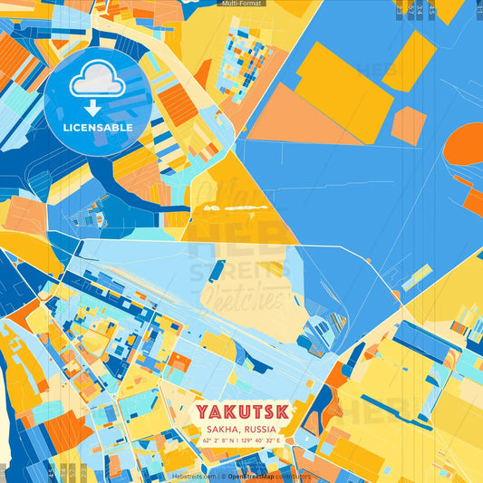 Yakutsk, Sakha, Russia blue and orange vector art map template