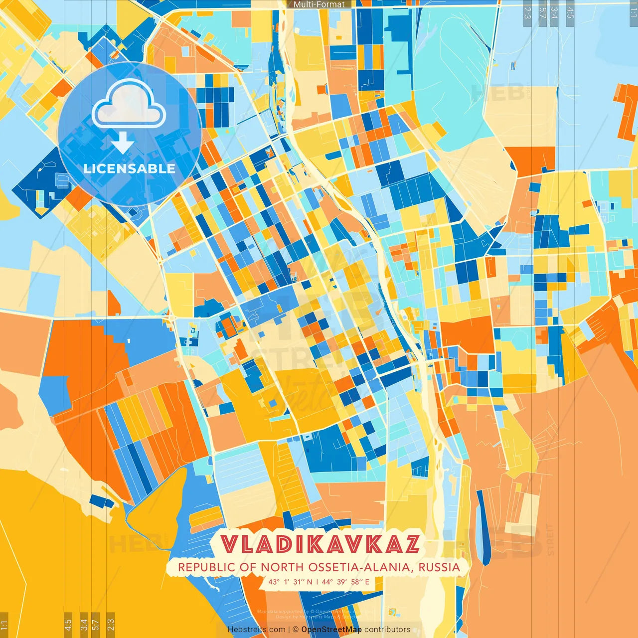 Vladikavkaz, Republic of North Ossetia-Alania, Russia blue and orange vector art map template