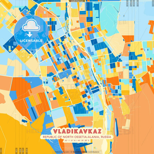 Vladikavkaz, Republic of North Ossetia-Alania, Russia blue and orange vector art map template