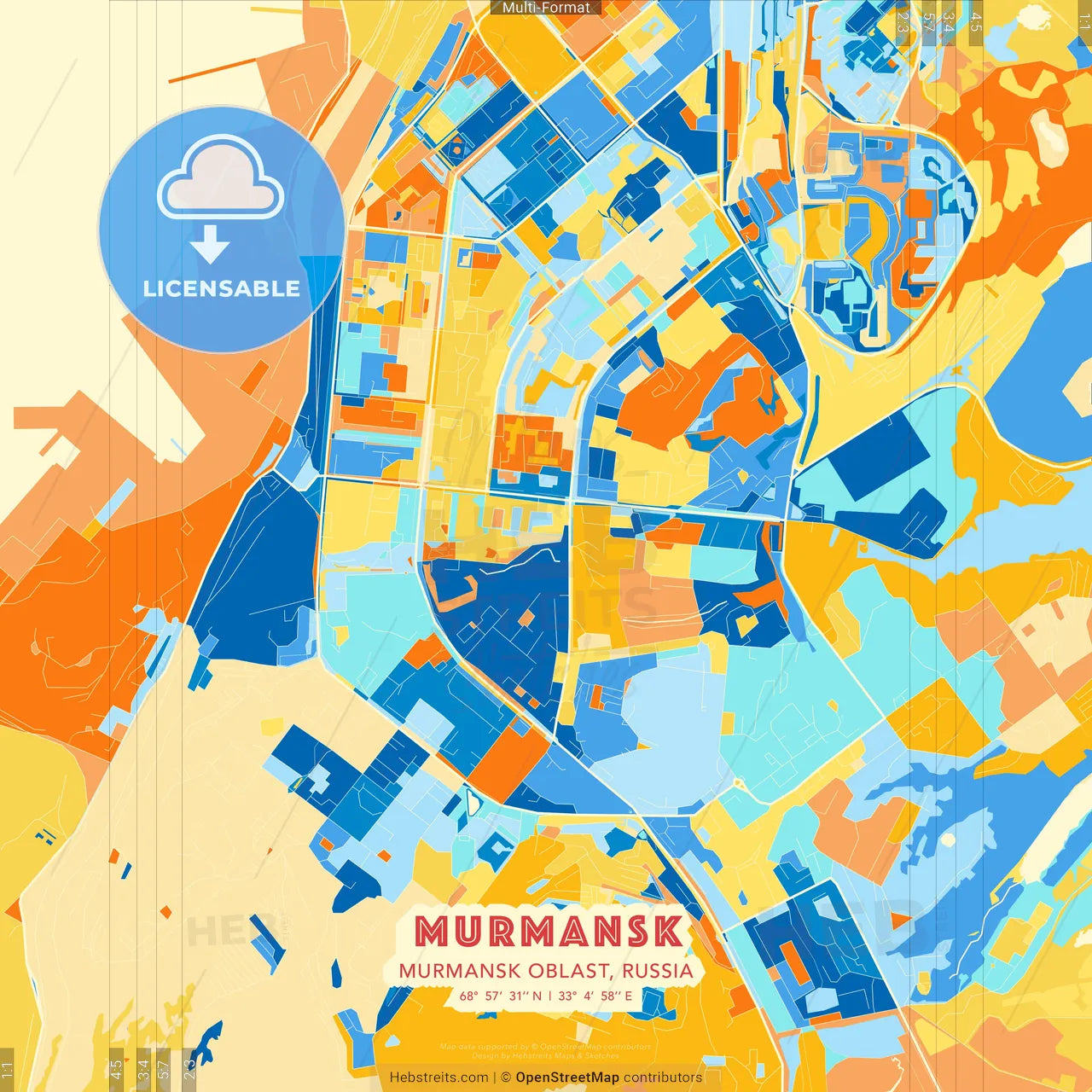 Murmansk, Murmansk Oblast, Russia blue and orange vector art map template